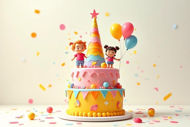 鮮やかな色彩で彩られた子供向けのキャラクター誕生日ケーキ。