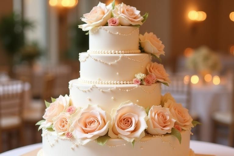 美しく装飾された3段のウェディングケーキ、パールと花で飾られています。