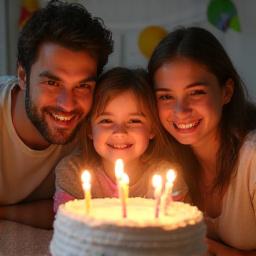 誕生日パーティーでケーキを囲む家族 (A family celebrating around a birthday cake)