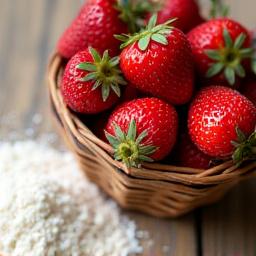 バスケットに入った新鮮なイチゴと小麦粉 (Fresh strawberries and flour in a basket)