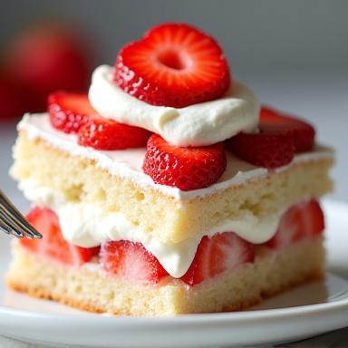 ふんわりとしたスポンジとたっぷりの生クリーム、真っ赤な苺のショートケーキ一切れ